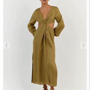 DISSH TINA OLIVE LINEN TWIST MIDI DRESS
